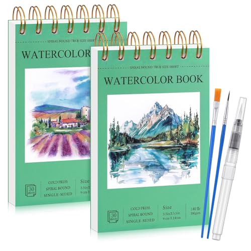 2 Small Watercolor Sketchbook with Watercolor Brushes, 3.5" x 5.5" | Watercolor Paper Pad, 60 Sheets 140lb/300g Water Color Paper Spiral - Bound with Tear - Line Travel Sketchbook