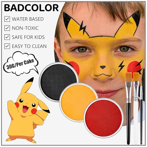 Black Red Yellow Germany Flag Face Body Paint Set, World Cup German Flag Face Painting Kit with Painting Brushes for Halloween, Water Based Face Paints for Fire Demon Avatar Tribe SFX Cosplay Make-Up - color: Black+Red+Yellow+3Pcs Brushes