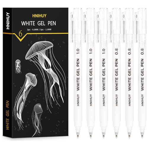 HNIHUY White Gel Pens,1mm, 0.8mm Fine Point White Pens Set, 6 Pack | Opaque White Archival Ink Pen for Black Paper Drawing, Sketching, Illustration, Bullet Journaling - color: White