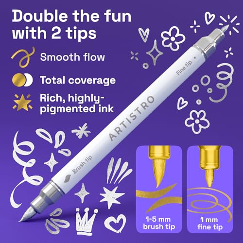 ARTISTRO Gold & Silver Acrylic Paint Pens – Dual Tip Markers – Brush & Fine Tip Paint Pens for Calligraphy, Crafts, Greeting Cards, Ornament Decor, DIY Art - color: Gold&Silver