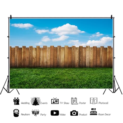 10x8ft Meadow Backdrop Wooden Fence Blue Sky Spring Scenery Outdoor Picnic Party Background Countryside Field Backdrop Nature Backdrops - size: 10x8ft
