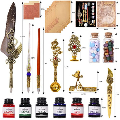 Aifeiter Feather Pen Ink Set - 6 Bottles of Ink, Quill Pen, Glass & Wooden Dipping Pens, 8 Sheets of Writing Paper, Envelope, Wax Granules, Round Wax, Seal, Spoon, Pen Holder (Grey) - color: Grey
