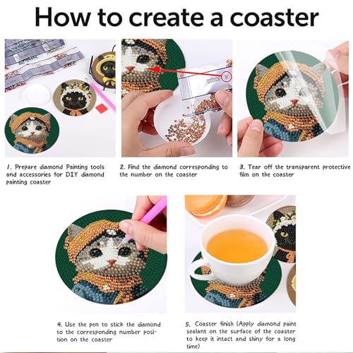 gganmtere 8 Pcs Funny Cat Diamond Painting Coasters Kits Set,Cat Diamond Art Coasters with Holder,5D DIY Full Drill Diamond Dots,Adult Diamond Art Kit Gift - color: JXBD56