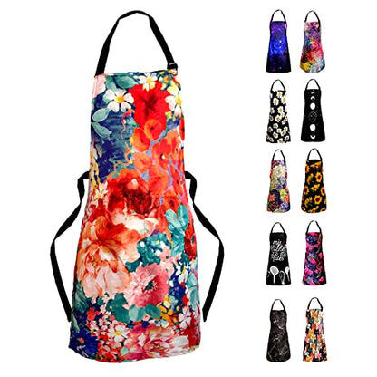 Adjustable Waterproof Apron Bib Apron with 2 Pockets Cooking Kitchen Aprons for Women Men Chef - color: Flowers