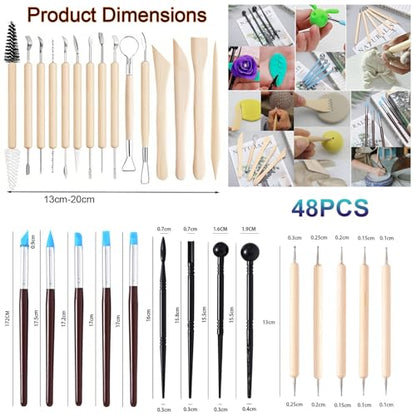 Pottery Tools & Clay Sculpting Kit | Perfect for Polymer, Air Dry & Ceramic Clay, Complete Set for Modeling, Trimming, Dotting, Carving & Shaping (Wood-48Pcs)