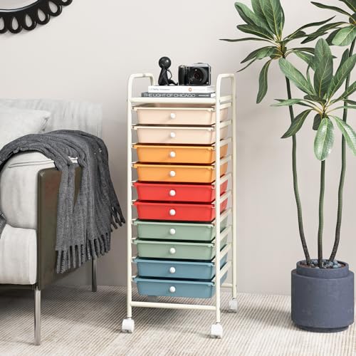 RELAX4LIFE Craft Organizers and Storage Cart - Rolling Cart with 10 Drawers, Lockable Casters for Tools, Trolley Cart with Wheels, Utility Cart for School, Home Office, Craft Cart (Macaron) - color: Macaron, size: 34''H