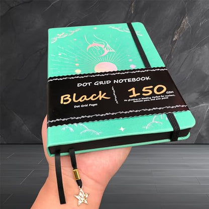 BUKE Dotted Journal - 150gsm Black Paper - 5 * 5mm DOT GRID Layout 160 Pages - A5 Size PU Leather Hardcover Drawing Sketch Notebook (Green) - color: Green