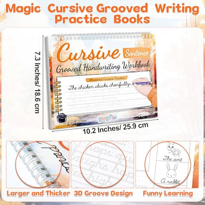 gisgfim Grooved Cursive Handwriting Workbook Magic Reusable Grooved Cursive Handwriting Practice Guided Tracing with Disappearing Ink Pens for Beginners Kids Learning Activities Supplies (Sentence) - style: Sentence