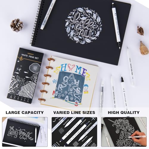HNIHUY White Ink Pens, White Gel Pens, Brush Tip Acrylic Markers | Dual-Tip Opaque White Paint Pens for Black Paper Drawing, Sketching, Illustration, Card Making, 6 Pack