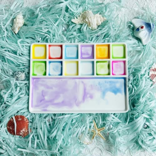 12Well Ceramic Paint Palette,Porcelain Watercolor Palette,Rectangle Artist Professional Porcelain Palettes for Painting,for Acrylic,Gouache,Watercolor,Painting,Ceramic Mixing Tray