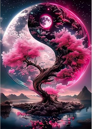 ZeeLionArt Diamond Art Kit, Tree of Life Pink Blossoms Moon, 12 x 16 Inch | 5D DIY Full Square Drill Diamond Painting Kit for Adults & Beginners, Home Wall Decor Handcraft Gift - color: DP04195
