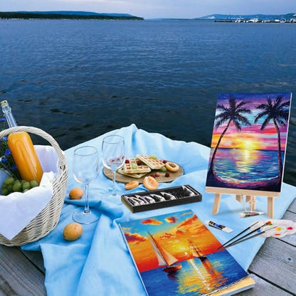 Cholemy 36 Pcs Paint and Sip Kit for Adults 8''x10'' Pre Drawn Canvas for Painting DIY Afro Acrylic Painting Kit Wood Easel Brushes Date Night Bulk for Mother's Day Party Gifts - style: Sunset