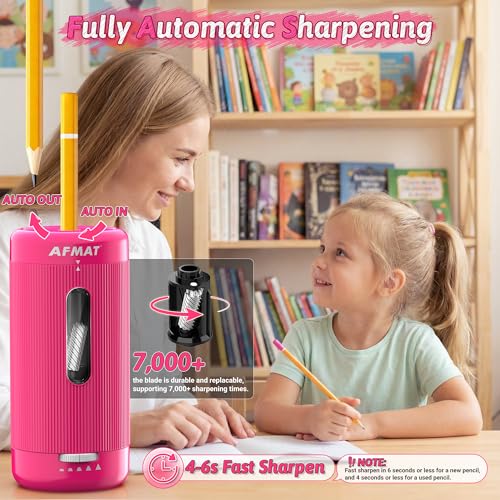 AFMAT Electric Pencil Sharpener, Auto in & Out, 5 Nibs, 7K+ Uses, Fully Automatic Classroom Pencil Sharpener, Rechargeable Hands-Free Sharpeners for Jumbo/Colored Pencils (φ6.5-12mm) PSC3(Rose Red) - color: Rose Red