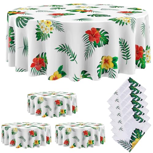 Oudain 6 Pcs 84" Summer Round Hawaiian Tablecloths, Lagre Tropical Luau Plastic Table Covers with Palm Leaves & Hibiscus Flower, Aloha Tiki Beach Pool Party Decorations Supplies (White) - color: White