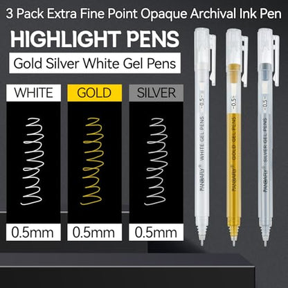 PANDAFLY Gold Silver White Gel Pens, 3-Pack, 0.5mm Fine Point | 3 Colors Archival Ink Pens for Highlights, Black Paper Drawing, Sketching, Illustration, Card Making, Bullet Journaling - style: Gold Silver White-0.5mm