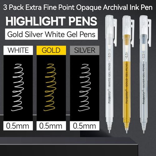 PANDAFLY Gold Silver White Gel Pens, 3-Pack, 0.5mm Fine Point - style: Gold Silver White-0.5mm
