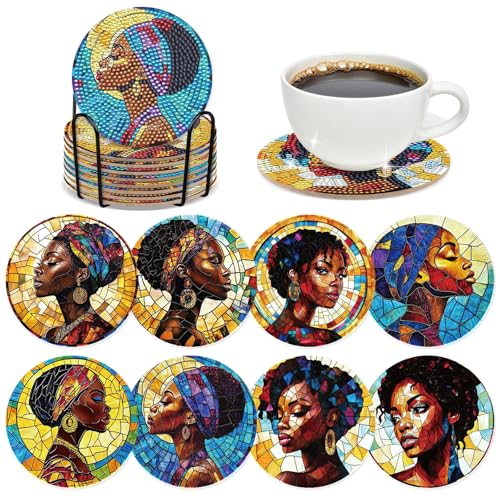 Black Woman Diamond Painting Coasters - 8 PCS DIY Colorful Glass Diamond Art Coasters Kits for Drinks Coffee Art Craft Supplies Birthday Holiday for African American Adult Beginners - color: Black Women