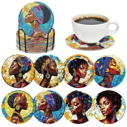 Black Woman Diamond Painting Coasters - 8 PCS DIY Colorful Glass Diamond Art Coasters Kits for Drinks Coffee Art Craft Supplies Birthday Holiday for African American Adult Beginners - color: Black Women