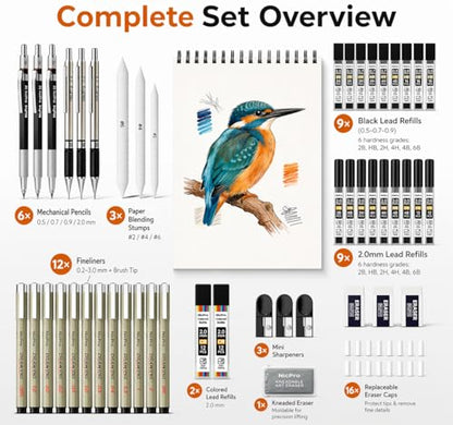Nicpro 52PCS Art Drawing Supplies Kit for Artist Adults Sketching | Metal Mechanical Pencil Set 0.5, 0.7, 0.9 & 2mm, 9x12 Sketch Book, 12 Fineliner Pens, 288 Leads, School Supplies Drawing Kit - size: 52