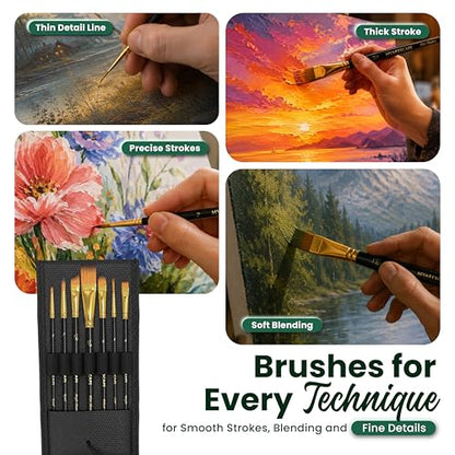 Travel Paint Brush Set - 7 Taklon Brushes with Case | Travel watercolor brushes with Taklon bristles for acrylic gouache oil painting and plein air art - size: Pocket Paint Brushes 001