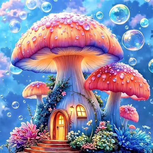 TYPUSOK Mushroom Diamond Art Kits for Adults,Round Full Drill 5D Diamond Painting Kits for Beginners,Mushroom House DIY Diamond Dots Pictures Gem Art Kit,Home Wall Decor 13.78x13.78in - color: Mushroom