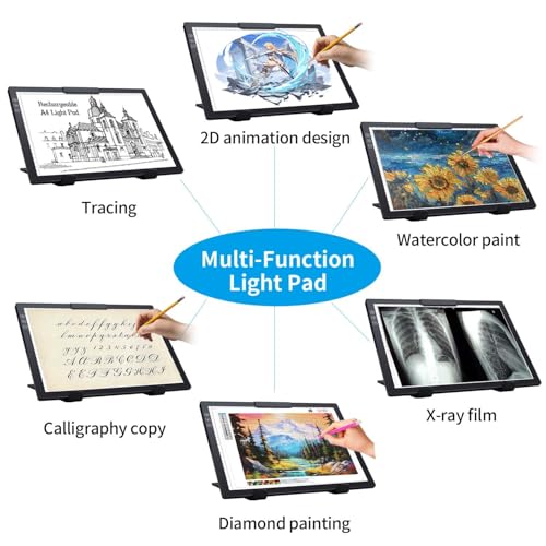 Rechargeable A4 Light Pad with Carry Bag & Stand,Ultra Thin Light Table with Clip,6 Levels of Brightness Light Box for tracing,Diamond Painting.led Light Board for Artists,Drawing,Sketching,Animation - style: A4 With Bag Rechargeable