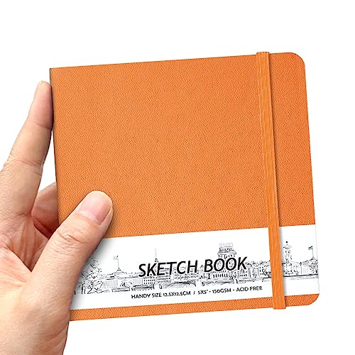 5" x 5" Hardcover Sketch Book,58 Sheets Small Mixed Media Pocket Sketch Pad | PU Cover,150 GSM Acid Free Artist Drawing Paper,Travel Journal Blank Notebook for Adults Sketching,Illustration.Burnt Orange - color: 150gsm PU-burnt orange