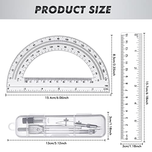 Zonon 3 Pcs 6" Clear Plastic Ruler 6 Inch Protractor Compass Set, Clear - color: Clear, size: 6 Inch