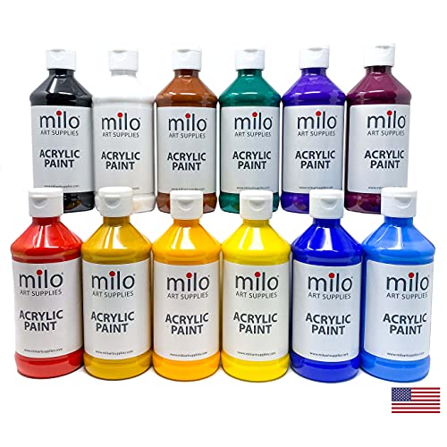 milo Acrylic Paint Set, 12 Primary Colors, 8 oz Bottles, Semi-Gloss | Safe, Non-Toxic, Made in the USA, Arts & Crafts Paints for Artists, Student & Hobby Painters, Paint Pack, Classroom, Bulk - style: Primary Set 12 x 8 oz