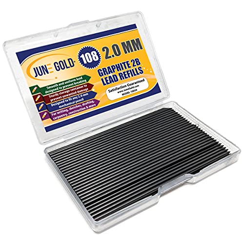 June Gold 2.0 mm, 108 Lead Refills, 2B, 90 mm Length, Sturdy Carrying Case | Extra Bold Thickness, Break Resistant Graphite, Sketching, Shading, Blending, Construction, Carpentry - color: 2b Graphite, style: 2.0 mm