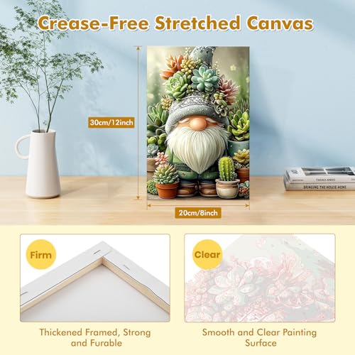 Bowetile Framed Paint by Numbers Gnome Kit for Adults, Adults' Paint-by-Number Kits on Canvas, Painting by Numbers Succulents, DIY Acrylic Number Painting for Home Wall Decor, 8x12in - color: Succulents, Gnome