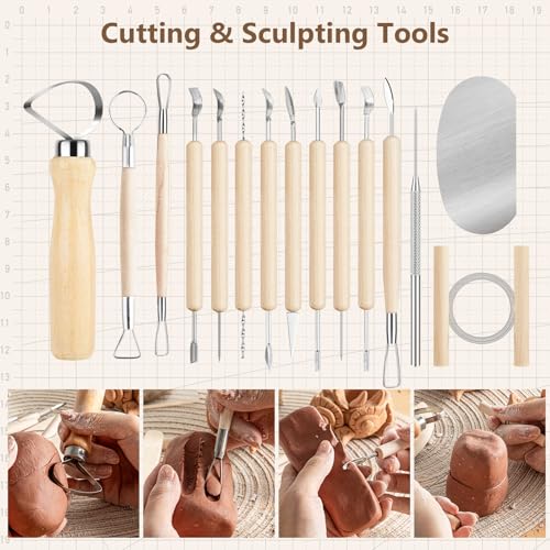 UUSYCUN 36PCS Pottery & Clay Sculpting Tools, Ceramics Polymer Tools Set, Clay Modeling Tools with Case for Air Dry Clay, Carving, Molding, Pottery Wheel, Crafting Supplies, Pros, Beginners, Adults - color: Wood-36PCS