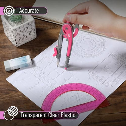 Mr. Pen- Geometry Compass and Protractor Set, 6 Inch Compass - color: Vivid Cerise, size: 1 Set