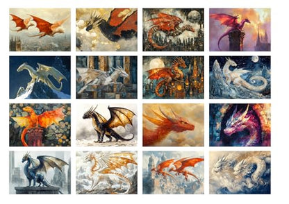 Decoupage Paper Pack (35 Sheets 6"x8") Regal Fantasy Dragons ~ Powerful Dragons in Fiery Reds, ICY Whites, and Twilight Tones, Captured mid-Flight in Epic Fantasy Illustration Painterly Richness - color: Four