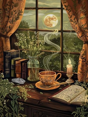 Diamond Art Kits for Adults, Book Diamond Art Painting Kits for Adults | Vintage Book Stress Relief Full Round Drill Heartfelt DIY Gift Strong Adhesive Wall Decor HD Canvas 11.8x15.7in 30x40cm - color: Books and Tea