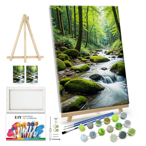 JOOZ Paint by Numbers Kit for Adults with Frame Landscape Paint by Number with Easel Forest Adult Paint by Number Kits Framed Canvas Tree Oil Painting Kits for Gift Home Wall Decor 8x12 Inch - color: Forest 061