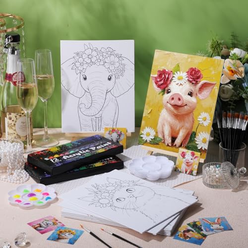Cholemy 36 Pcs Paint and Sip Kit Gift for Adults 8''x10'',Flower Animals | Pre Drawn Canvas, Painting DIY Afro Acrylic Painting Kit, Wood Easel Brushes, Date Night Bulk, Summer Halloween Party - style: Flower Animals