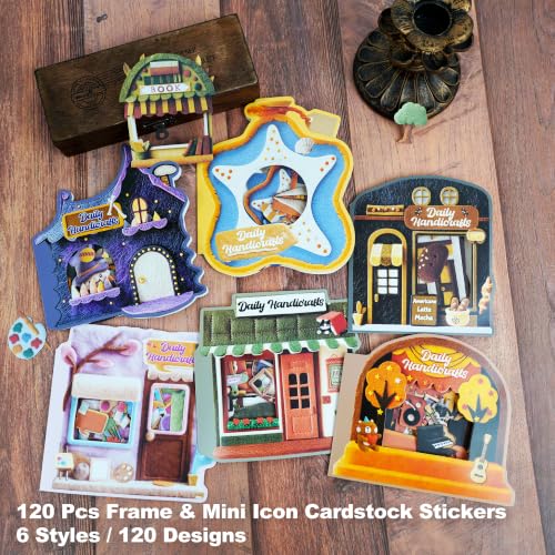 120 Pcs Mini Scene Stickers for Scrapbooking and Journaling | Coffee shop, beach, Halloween, music, books and art themes with framed scenes and mini icons on cardstock; 120 designs - color: Daily Handicraft