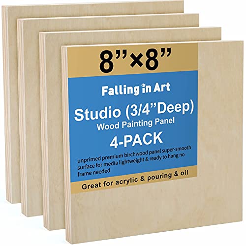 4 Pack 8x8’’ Unfinished Birch Wood Panels Kit for Painting | Studio 3/4’’ Deep Wooden Canvas, Cradle Boards for Acrylic Pouring, Art, Crafts, Epoxy Resin, Laser Engraving Cutting - size: 8'' x 8'' Studio
