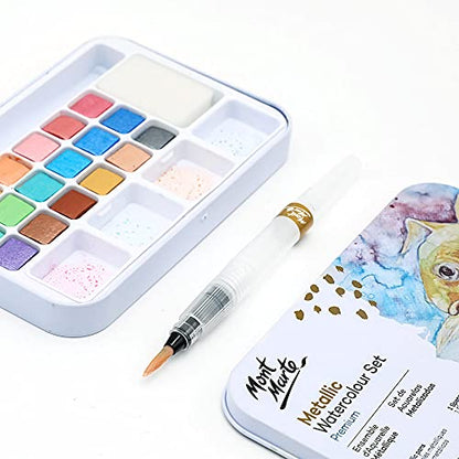 Mont Marte Premium Metallic Watercolor Cake Set, 21 Piece, 18 Colors, 1 Water Brush, 1 Sponge, 4 Mixing Wells - color: basic