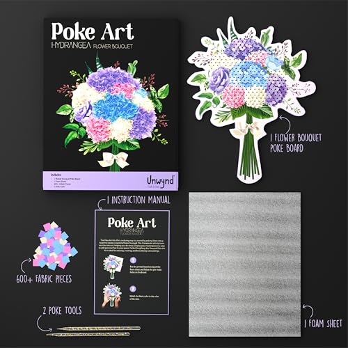 Unwynd Poke Art Hydrangea Flower Bouquet Kit for Adults, Women and Teens | Hobby activity, brain puzzles, adult, 12 illustration sheets, 12 pages of stickers, 12 colour pages Rubbing Plates & Supplies - style: Hydrangea