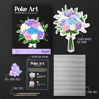Unwynd Poke Art Hydrangea Flower Bouquet Kit for Adults, Women and Teens | Hobby activity, brain puzzles, adult, 12 illustration sheets, 12 pages of stickers, 12 colour pages Rubbing Plates & Supplies - style: Hydrangea