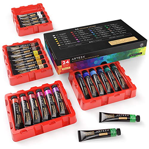 ARTEZA Gouache Paint, Set of 24, 12ml/0.4 US fl oz Gouache Paint Tubes, Gouache Set for Adults and Students
