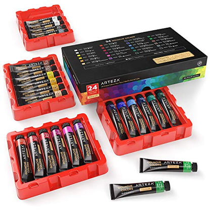 ARTEZA Gouache Paint, Set of 24, 12ml/0.4 US fl oz Gouache Paint Tubes, Gouache Set for Adults and Students