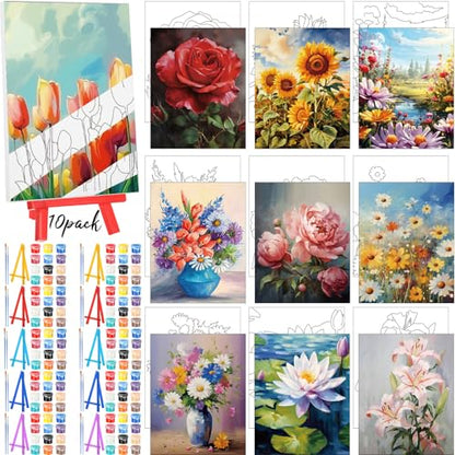 Blosssound 10 Set Pre Printed Canvas Pre Drawn Canvas Painting with Easel Kits 5" x 7" Outline Painting Panels for Beginners, DIY Craft Project, Party Favor, Home Decors(Flower) - style: Flower