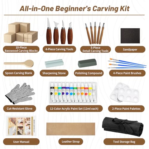 Wood Carving Kit, Wood Carving Tools Set with Carving Knives Detail Knives Basswood Blocks Gloves Polishing Compound Coloring Set, Wood Whittling Kit for Beginners DIY Hobbies for Adults