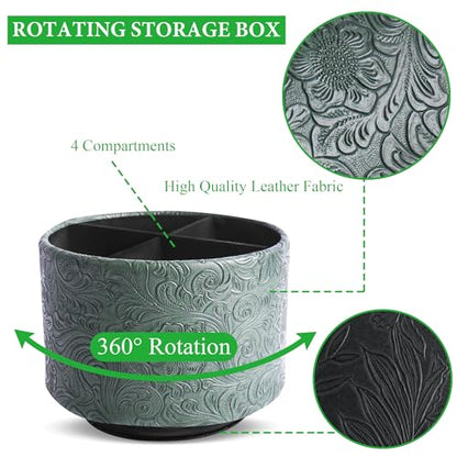 Round Leather Art Supply Organizer,Remote Control Holder,360 Degree Spinning,Multi-Functional Pencil Holder,4 Compartments Desktop Stationary Organizer(1-Carved Cooper Green) - color: 1-Carved Cooper Green