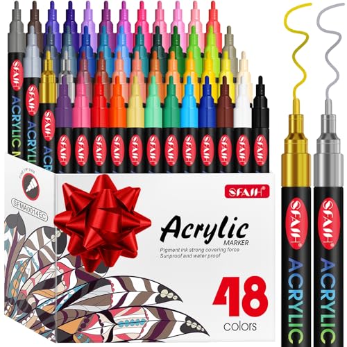 SFAIH Acrylic Paint Art Markers Pens, 48 Vibrant Colors 1-2mm Fine Point | High Coverage, Opaque Paint Pens for Any Surface, Crafts DIY, Paper, Rock, Fabric, Wood, Non-Bleeding, Permanent, Non-Toxic - color: 48 Colors
