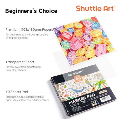 Shuttle Art Marker Pad, 8.9”x8.3” Portable Sketchbook, 40 Sheets Marker Drawing Paper, 110LB/180GSM Smooth Surface Bleedproof Art Paper, Spiral-Bound, Great for Beginners to Draw, Paint & Sketch - size: 8.9x8.3 inch