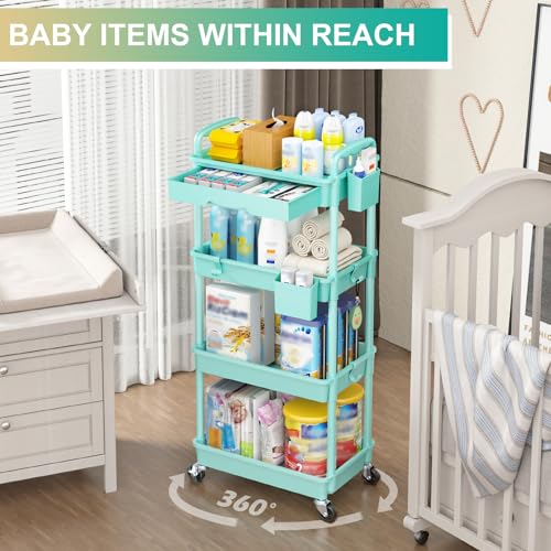 Goovilla 4 Tier Rolling Utility Cart Organizer with Removable Drawer, Blue | Stable and Sturdy Rolling Storage Carts with 2 Lockable Wheels for Bathroom, Kitchen, Snack, Craft, Makeup, Baby Essentials - size: 4 Tier, style: Blue